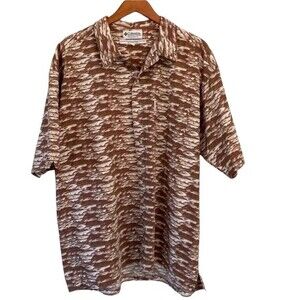 Columbia River Fish Print Button Down Short Sleeve Shirt Cotton Casual Outdoor